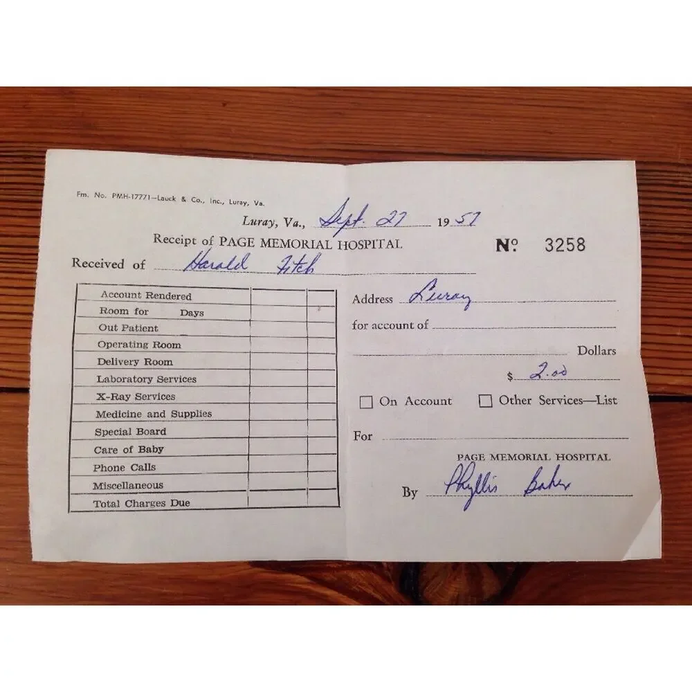 Vintage September 27 1957 Luray Virginia Page Memorial Hospital Receipt Ephemera